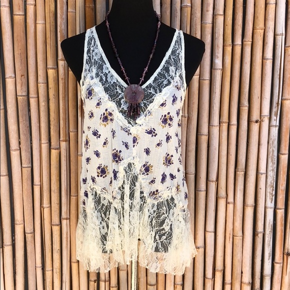 Free People Tops - FREE PEOPLE Cream Floral Gauze & Lace Tunic Small